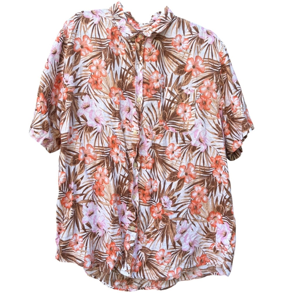 Lands End Mens XL Short Sleeve Button Down Shirt Floral 100% Linen Tropical